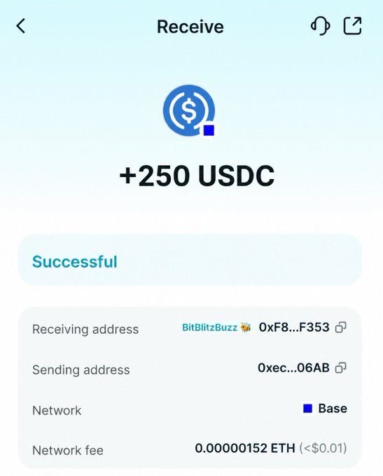 The image shows a successful crypto transaction receipt displaying the receipt of +250 USDC on the Base network, with a network fee of 0.00000152 ETH. It visually confirms the post's claim of receiving an additional $250 USDC from a brand, likely as a result of increased attention from the botted post.