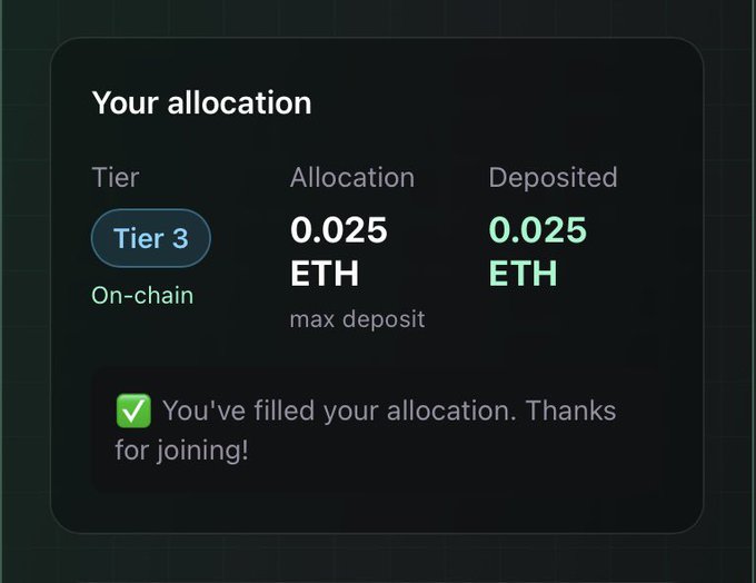 A dark-themed interface titled 'Your allocation' showing Tier 3, with 0.025 ETH allocated and 0.025 ETH deposited, confirming 'You've filled your allocation.'