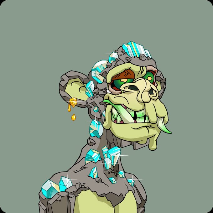 A cartoonish green-skinned mutant creature with crystal-encrusted stone flesh, tusks, and a dangling gold earring gazes outward, illustrating the bizarre and grotesque "Mutants" being hyped as worth joining an exclusive $2300 club.