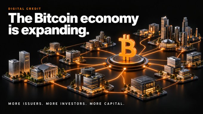 A central glowing Bitcoin symbol connects via orange lines to surrounding miniature cityscapes and buildings, illustrating the expanding digital economy. The text reads "DIGITAL CREDIT: The Bitcoin economy is expanding" at the top and "MORE ISSUERS. MORE INVESTORS. MORE CAPITAL." at the bottom.