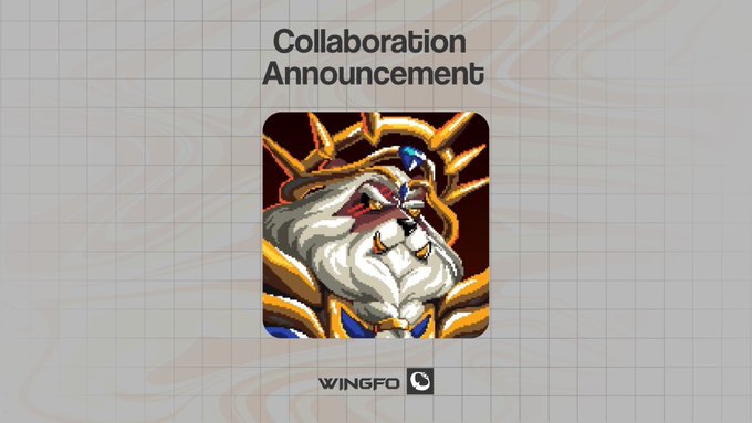 A "Collaboration Announcement" graphic features a pixel-art illustration of a bearded character with a crown, displayed on a marbled background with the Wingfo logo at the bottom, promoting the partnership with Fortune Foes—an RWA GameFi project on Robinhood Chain.