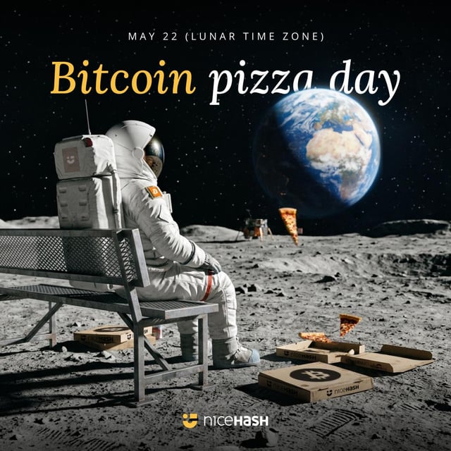 The image features a man dressed as an astronaut sitting on a bench, with a pizza box placed next to him. The background of the image shows a planet or moon, suggesting that they are on a space station or other celestial body. The caption below the image reads "Bitcoin Pizza Day", indicating that it is a special day dedicated to Bitcoin and pizza enthusiasts.
