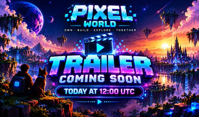 A vibrant promotional graphic for 'Pixel World' with the tagline 'OWN • BUILD • EXPLORE • TOGETHER', advertising a 'TRAILER COMING SOON TODAY AT 12:00 UTC' over a colorful fantasy landscape.