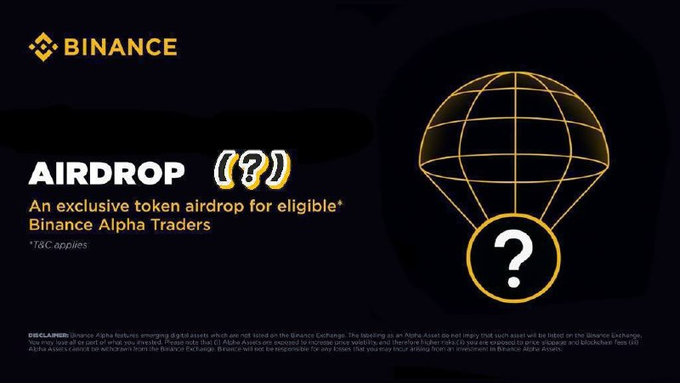 The image features a black background with an illustration of an air drop, accompanied by a question mark positioned near the bottom right corner. The caption suggests that a certain number of points are required for someone to access the Bitcoin Alpha box.