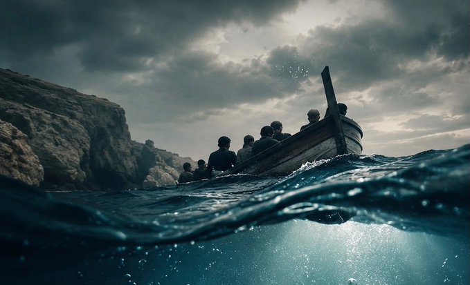 A dramatic, cinematic split-level image showing people crowded into a small wooden boat on a turbulent ocean near rocky cliffs under a cloudy sky.