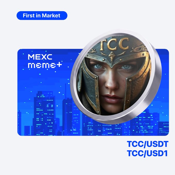 The image promotes a MEXC Meme+ listing announcement, featuring a "First in Market" badge, a coin displaying a warrior with "TCC" on the helmet, and the trading pairs TCC/USDT and TCC/USD1 against a city skyline background.