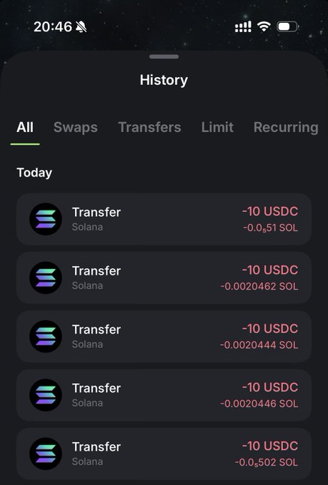 A mobile screenshot of a Solana wallet's "History" tab showing five consecutive "Transfer" transactions under "Today," each sending -10 USDC with varying small amounts of SOL as network fees (ranging from -0.0020444 to -0.51 SOL). The image visually documents the post's claim of $10 being sent to five different recipients.