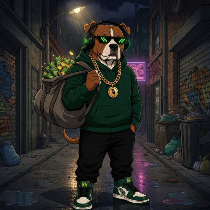 An illustration of an anthropomorphic dog wearing sunglasses with LED displays, a green hoodie, gold chain, and green and white sneakers (with 'RH' logos), carrying a bag overflowing with cash in a graffiti-covered alleyway.
