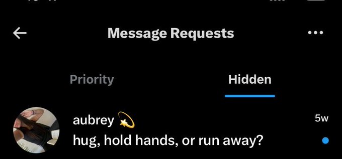 The image shows an Instagram Message Requests screen with a message from "aubrey 💫" that reads "hug, hold hands, or run away?" dated 5 weeks ago. The post humorously claims the sender has run away with Aubrey, playing on the "run away" option from the message request.