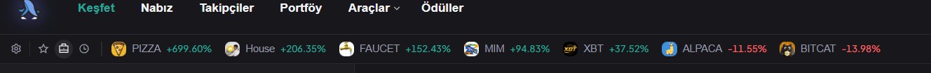A cryptocurrency trading platform's navigation bar in Turkish (showing tabs like Keşfet, Nabız, Takipçiler, Portföy) displays a ticker of meme coin performances, with PIZZA leading at +699.60%, followed by House (+206.35%), FAUCET (+152.43%), MIM (+94.83%), XBT (+37.52%), and declining coins ALPACA (-11.55%) and BITCAT (-13.98%), illustrating the high-risk, volatile meme coins ($pizza, $faucet, $mim, $house) being promoted by a BSC trading bot.