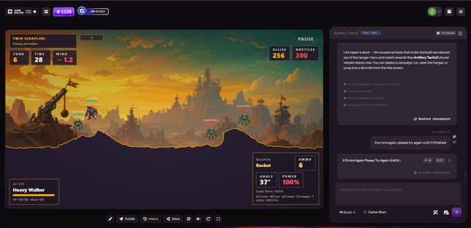 Screenshot of a tower defense game in a sandbox development environment, showing a wave in progress with tanks on a landscape, alongside an AI chat panel on the right with instructions to change the next attack.