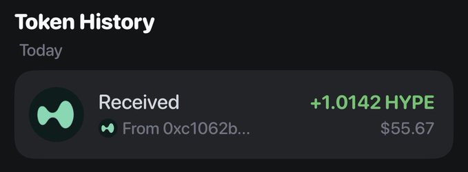 The image shows a "Token History" notification displaying a received transaction of +1.0142 HYPE tokens (valued at $55.67) from the wallet address 0xc1062b... today. This visual aligns with the post's humorous narrative about habitually buying $HYPE as a coping mechanism for various emotions, with the screenshot serving as real-world "proof" of another HYPE purchase to share online.