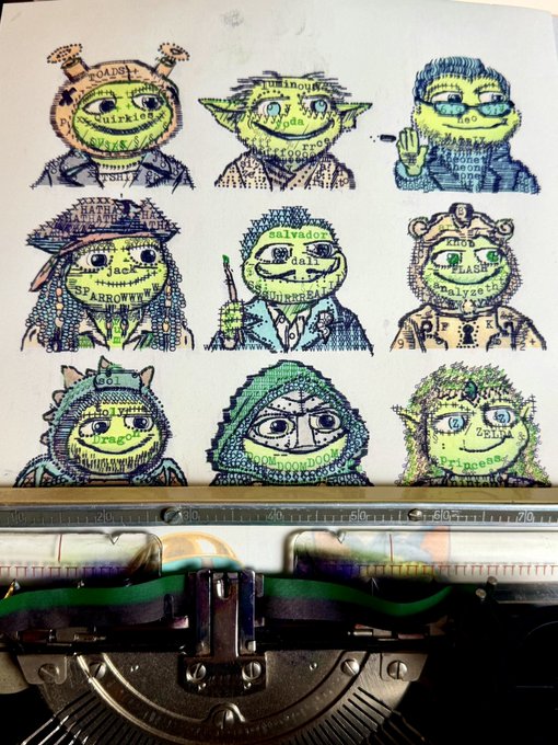 A typewriter page displaying nine intricate illustrations of frog-like characters drawn with text, each labeled with names like 'Quirklien', 'Tubinouge', 'Salvador', 'Frogceo', 'Zelly', 'Arrowitti', 'e61', 'Toomuchoddt', and 'Froaser', with labels like 'POAP', 'PROOF', 'FLASH', and 'COT'.