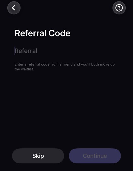 A mobile app screen displays a 'Referral Code' entry page with the prompt 'Enter a referral code from a friend and you'll both move up the waitlist,' featuring Skip and Continue buttons.