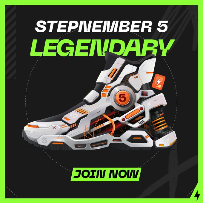 A promotional graphic for 'STEPNEMIBER 5 LEGENDARY' featuring a futuristic white and orange high-tech sneaker with the number 5 and a 'JOIN NOW!!!' call to action.