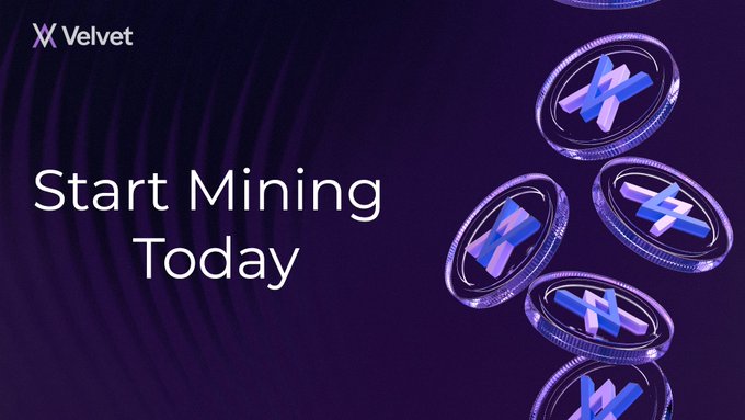 The image displays the Velvet logo and a call to action to "Start Mining Today," accompanied by stylized coins depicting the Velvet symbol, which relates to the accompanying post about earning $VELVET rewards.
