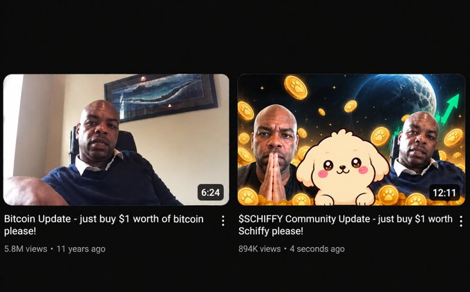 Two YouTube video thumbnails from the same creator: a Bitcoin Update titled 'just buy $1 worth of bitcoin please!' (5.8M views, 11 years ago) and a '$SCHIFFY Community Update - just buy $1 worth Schiffy please!' (894K views, 4 seconds ago) featuring a cartoon puppy with coins.
