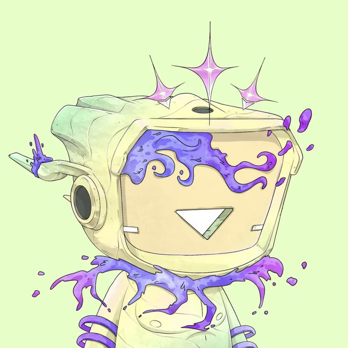 A digital illustration of a blocky robot character with cream/beige coloring, featuring purple liquid splashing around its head and body against a light green background, with pink sparkle accents.