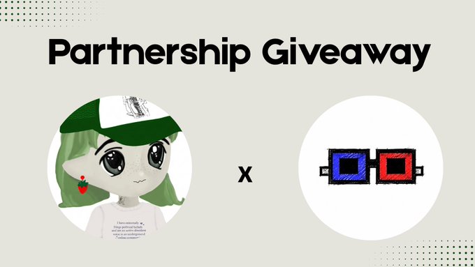A "Partnership Giveaway" graphic featuring a cartoon character with green hair and a cap on the left, and a pixelated red and blue eyes design on the right, separated by an "x" symbol, promoting a collaboration giveaway with 6 guaranteed spots and 10,000 Tiny sprites as prizes.