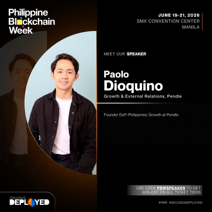 The image features a man wearing a black jacket standing against a blue background with white text. The text includes the names of two speakers, Paolo Dioquino and founder of Pendle, who are scheduled to speak at Philippine Blockchain Week. The event is taking place in Manila on June 19-21, 2016.