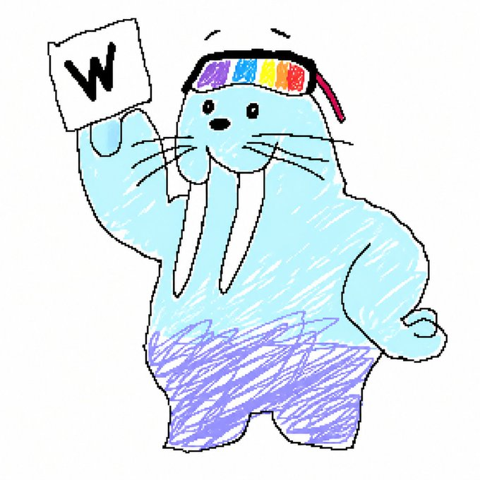 A hand-drawn illustration of a light blue seal-like character wearing a rainbow visor, holding up a card with the letter 'W' on it, standing on a scribbled blue patch.