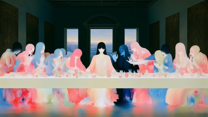 A stylized digital artwork depicting a scene reminiscent of The Last Supper, featuring a central figure surrounded by ethereal pastel-colored figures seated at a long table, with their reflections visible below.