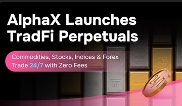 A bold black and pink promotional graphic announces "AlphaX Launches TradFi Perpetuals," highlighting the platform's new offering of Commodities, Stocks, Indices & Forex with the tagline "Trade 24/7 with Zero Fees." The design features stacked gold bars and a coin, visually reinforcing the message that AlphaX now allows users to trade both crypto and traditional financial futures in one place.