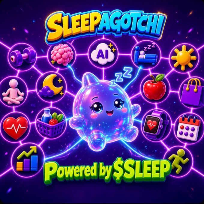 A vibrant promotional graphic for 'SLEEPAGOTCHI' featuring a cute, translucent blue cat-like creature surrounded by glowing icons representing sleep, health, AI, fitness, and shopping, with text reading 'Powered by $SLEEP'.