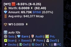 A cryptocurrency tracking interface displaying data for '[W1]' token, including 'Worth: 0.0009', 'Amount: 65.73K $PINK (0.01%)', 'W1 0.0009', and an 'auto 10s' refresh timer with categories like 'Earn', 'Audit', 'PnL', 'Scan', 'Based', 'Pons', 'Dex3', 'Gecko', 'DeFi', 'DexT', 'X', and 'FC'.