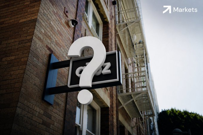 A sign on a brick building displaying a large white question mark and the numbers "a62" with an "X Markets" logo in the corner, visually representing the confusion and uncertainty expressed in the post about tracking Anchorage's movements and the mysterious trading activity behind the $HYPE pump.