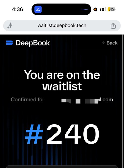 A mobile screenshot of the DeepBook waitlist page showing 'You are on the waitlist' for an email address, with the position '#240' displayed.