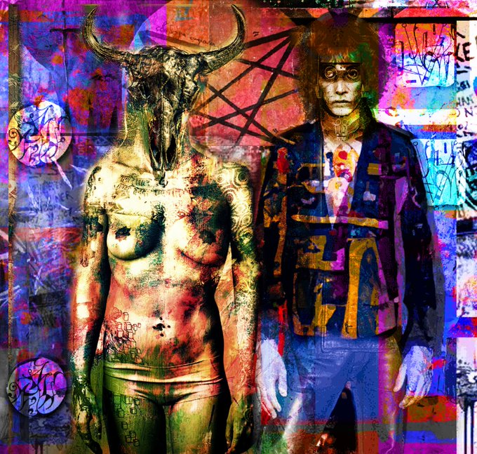 A vibrant, graffiti-style digital artwork depicting a tattooed nude female figure with a bull skull head standing beside a male figure with skull-like face paint in a military jacket, set against a chaotic, colorful urban backdrop—visually representing the tragic, fragmented themes of the "Romeo and Juliet" 1/1 NFT listed on OpenSea.