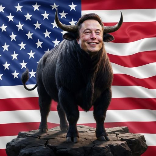 A photoshopped image shows Elon Musk's face on a black bull's body, standing on a rock in front of a waving American flag.