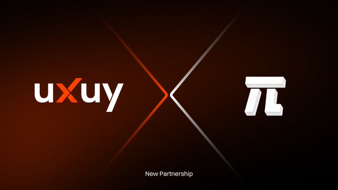 The image features a logo with an orange x and a white "P" crossed over each other, accompanied by the text "UXUY" and "pi news media". The background of the image is black, which contrasts with the vibrant colors of the x and p. The overall design suggests that this could be a promotional or marketing campaign for a company named "UXUY", possibly related to cryptocurrency or blockchain technology.