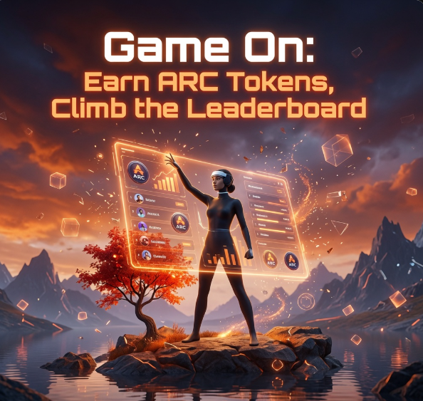 A futuristic figure in a black bodysuit stands on a rocky outcrop, reaching up to interact with a glowing leaderboard interface displaying "ARC" tokens, set against a dramatic mountainous landscape with floating geometric shapes. The headline "Game On: Earn ARC Tokens, Climb the Leaderboard" reinforces the post's message about TheARCTERMINAL's gamified reward system and its $1,000,000+ Season 2 prize pool for users who engage with ANIMA.