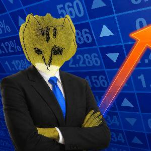 A businessman wearing a fox head mask stands with crossed arms in a suit against a blue background of stock market numbers and a rising red arrow.