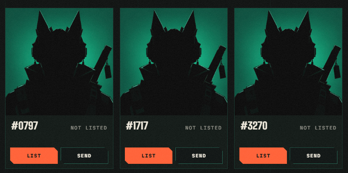 Three identical digital trading cards displaying a silhouetted, horned character with a sword against a green background, labeled '#0797', '#1717', and '#3270' with 'NOT LISTED' and 'LIST/SEND' buttons.