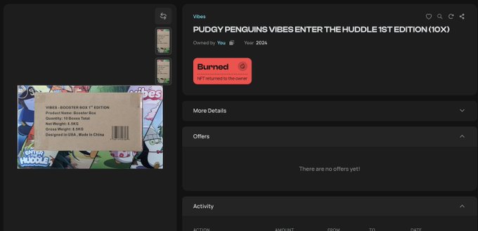 An OpenSea video listing for 'PUDGY PENGUINS VIBES ENTER THE HUDDLE 1ST EDITION (10X)' marked as 'Burned' and owned by the user.