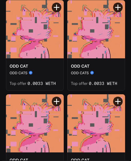 Four identical "ODD CAT" NFT listings are displayed at 0.0033 WETH top offer, and the "Me too." caption humorously echoes the relatable sentiment of wanting one too.