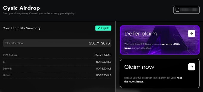 The image shows a "Cysic Airdrop" eligibility dashboard displaying an allocated balance of 250.71 $CYS tokens, marked as "Eligible" with options to either defer the claim until June 11, 2026 for a +100% bonus, or claim immediately without the bonus. This aligns with the post's call to action reminding users to verify and claim their Cysic Foundation airdrop via the provided portal link.