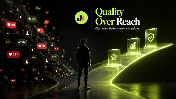An advertisement shows a man standing between a chaotic pile of social media notifications on the left and a clean, glowing green path with milestones on the right, with the text 'Quality Over Reach - Clear rules. Better creator campaigns.'