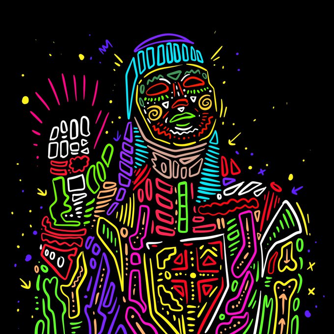 A vibrant neon-line illustration of an astronaut or space-suited figure on a black background, filled with colorful geometric shapes, patterns, and symbols.