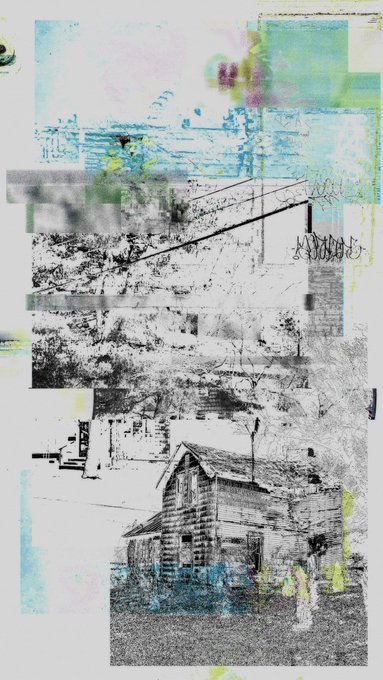An abstract digital collage featuring layered, glitch-style imagery of an old wooden house, a truck, and landscape elements in faded blue, green, and black tones.