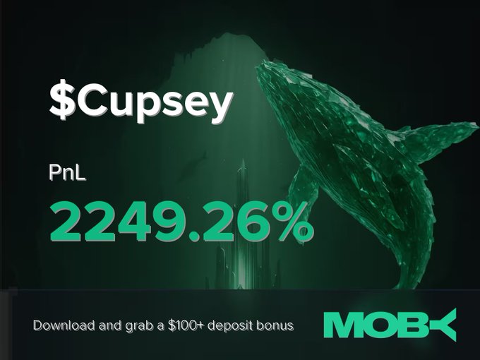 A promotional graphic for Moby Mobile showcases a winning trade alert featuring "$Cupsey" with an impressive PnL of +2249.26%, displayed against a dark green background with a whale silhouette, alongside a "Download and grab a $100+ deposit bonus" call-to-action and the Moby logo. The image visually reinforces the post's claim of a trader's massive 2249.26% profit, tied to Cupsey's growth from $1.74M to $11.41M market cap.