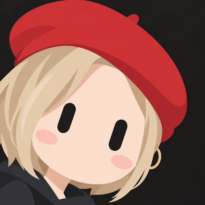 A chibi-style anime illustration of a blonde character wearing a red beret and black jacket against a black background.