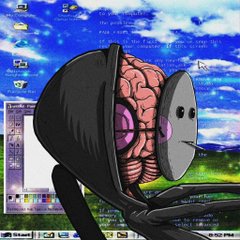 A cartoon character with an exposed brain peers into a Windows XP desktop screen displaying a cityscape, symbolically representing the analytical thinking and transparency associated with the "$BAYLA" blockchain ticker shown in the post.