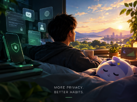 A promotional image showing a person at a desk looking out a window at a sunset cityscape with floating digital privacy icons and a cute plush toy, captioned 'MORE PRIVACY. BETTER HABITS.'