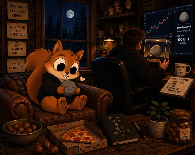 An illustrated cozy cabin scene features a sad squirrel clutching a stone on a leather couch while a person examines an 'EtherRock #14' NFT on their monitor, surrounded by humorous signs like 'BUY HIGH SELL LOW REPEAT' and 'NOT FINANCIAL ADVICE'.