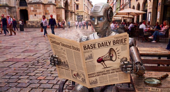 A humanoid robot with glowing blue eyes sits at an outdoor café reading a newspaper titled 'BASE DAILY BRIEF' with the headline 'Coinbase Tokenized Stocks'. The setting appears to be a European plaza with pedestrians in the background.