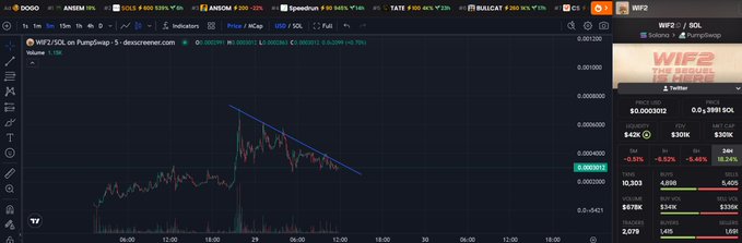 The image shows a TradingView chart for the $WIF2/SOL trading pair on DexScreener, displaying price action around the 0.00003012 level with what appears to be a descending trendline being tested.

The caption relates to the "GEM ALARM" post by highlighting WIF2 as a newly launched Solana memecoin showing potential reversal signals at a key support level, suggesting it may be an early accumulation opportunity ("load the boats").